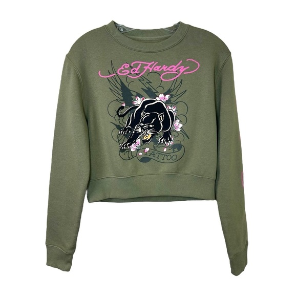 Ed Hardy Tops - Ed Hardy - Women’s Y2k Graphic-Print Sweatshirt, Cropped, ‘Tattoo’ - Green Small